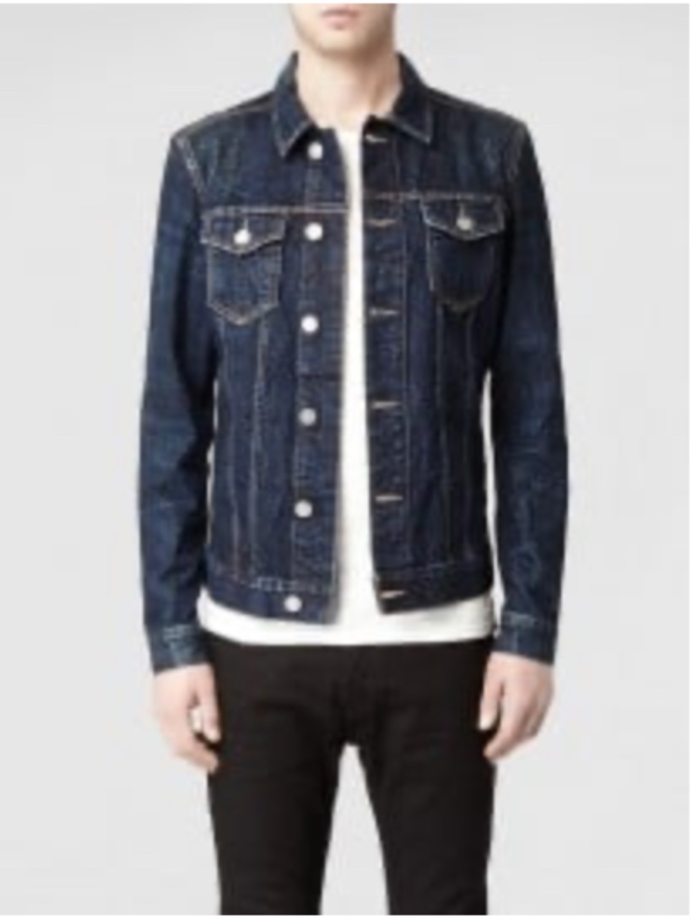 NWT AllSaints Men's Kaqami Denim Jean Jacket in Indigo Blue Size Small